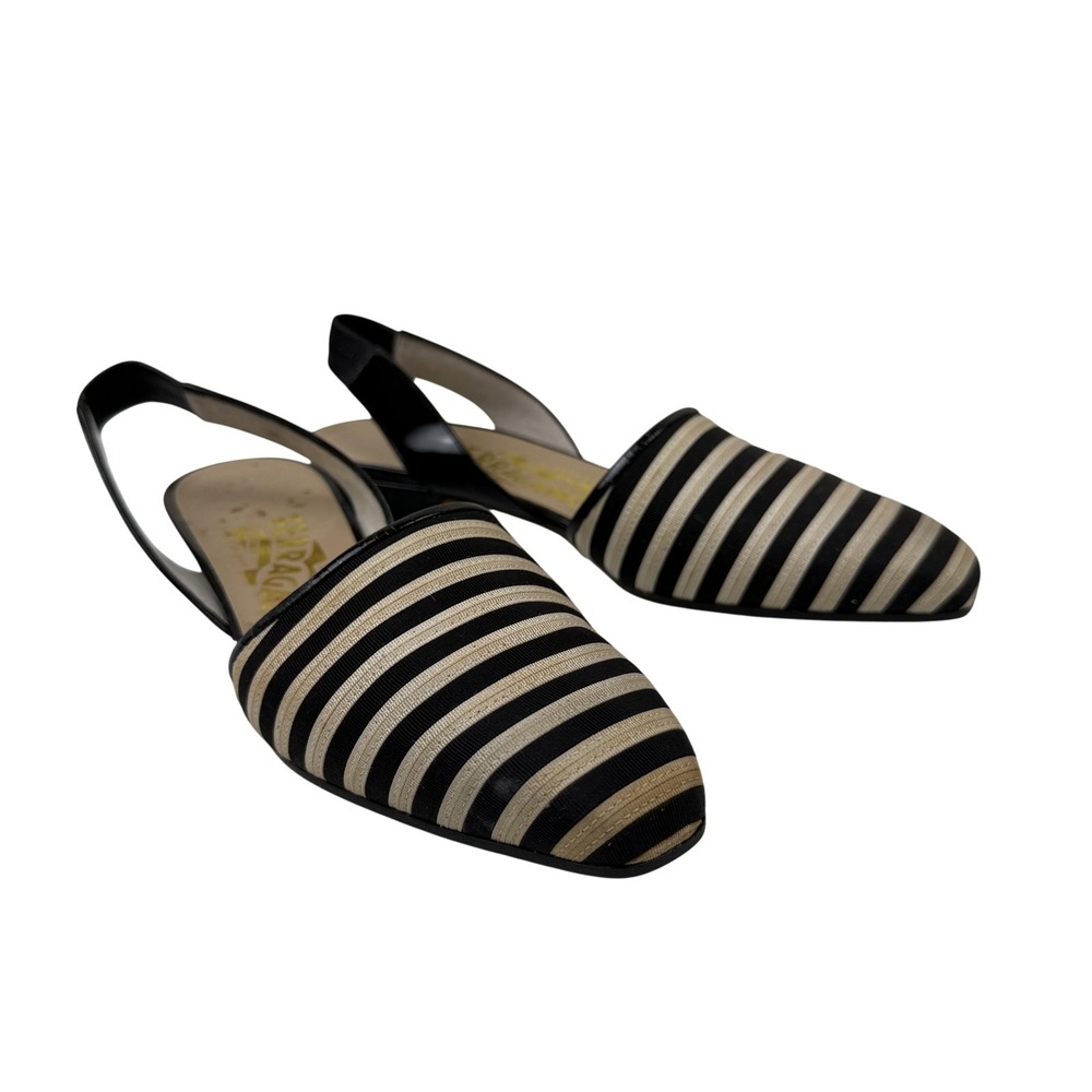 Salvatore Ferragamo Womens 6‎ C Black Striped Silk Slingback Heels Italy FLAW